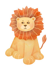 children's cute animal, watercolor cute lion. hand drawn funny animal isolated on transparent background. illustration for a children's book. clip art and cut out element design