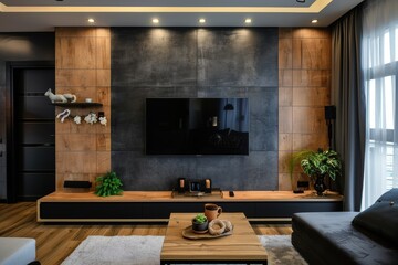 Stylish modern living room with wall-mounted TV and wooden decor against dark wall.