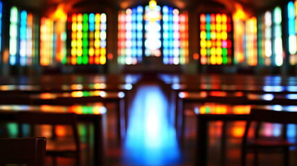 Obraz premium Stained glass windows illuminating a church interior on a sunny day