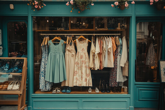 Vintage clothing store with dresses and fashion items displayed in a charming, teal-painted window, adorned with floral decorations.