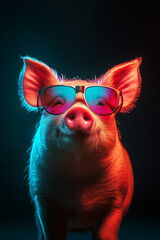 Funny pig  with sunglasses in front of a colorful neon background