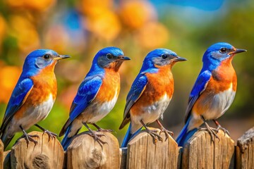 Obraz premium Vibrant western bluebirds perched on rustic wooden fence, showcasing iridescent feathers, bright orange chest, and curious gazes amidst a serene, sun-kissed rural landscape.