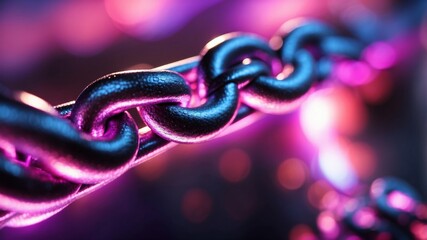 Fototapeta premium Futuristic neon-illuminated metallic chain with bokeh effects