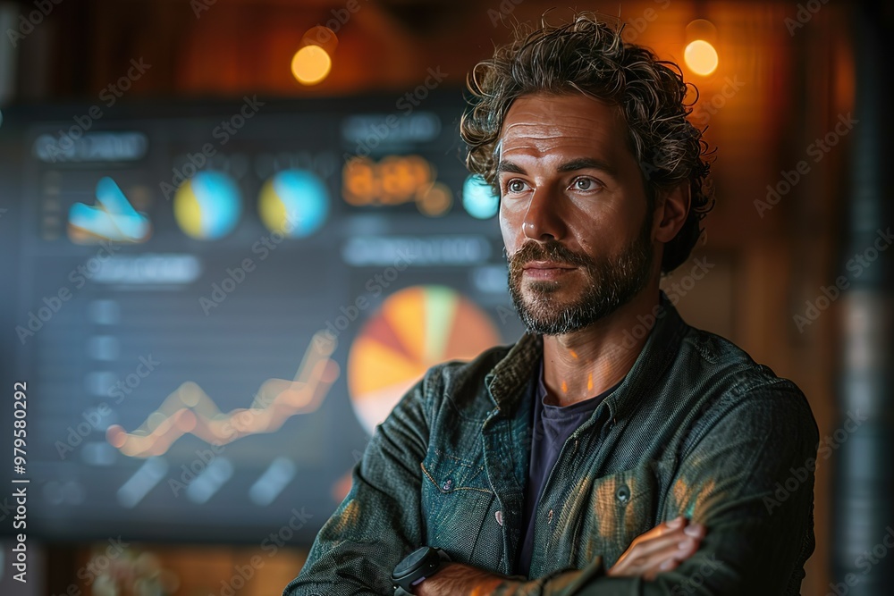Poster a businessman using ai to dynamically adjust his presentation