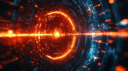 Fototapeta premium Futuristic abstract visualization of a glowing circular pattern with vibrant orange and blue elements, evoking a sense of digital energy.