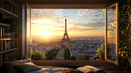 Obraz premium A overlooking view from high biuiding to the Eiffel Tower at golden sunset, the romantic cityscape view outside the window. A cozy reading nook