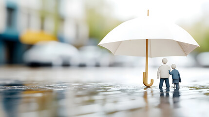 Umbrella of hands shielding a family from rising floodwater