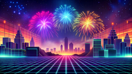 background futuristic cityscape with fireworks, neon-lit skyline and digital grid with copy space