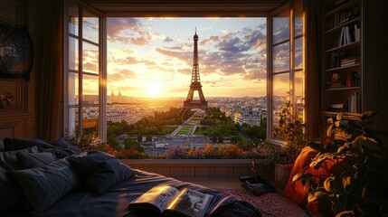 Obraz premium A overlooking view from high biuiding to the Eiffel Tower at golden sunset, the romantic cityscape view outside the window. A cozy reading nook
