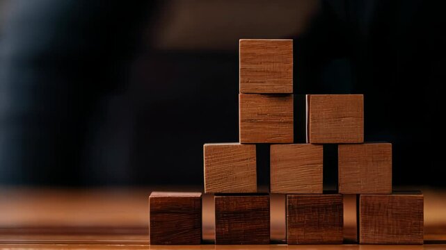A close-up of a hand placing a wooden block atop a pyramid of blocks. blurred background highlights concentration and creativity, making it ideal for educational or marketing use.