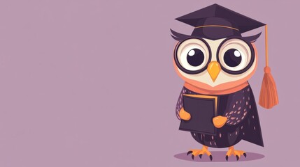 Obraz premium A wise owl cartoon wearing a scholar robe and holding a diploma, isolated on a pastel purple background.