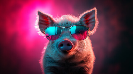 Funny smiling boar with colorful neon background