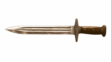 A bayonet with a wooden handle, military weapon, soft sepia tones, isolated on white background. Sepia Tones. Illustration