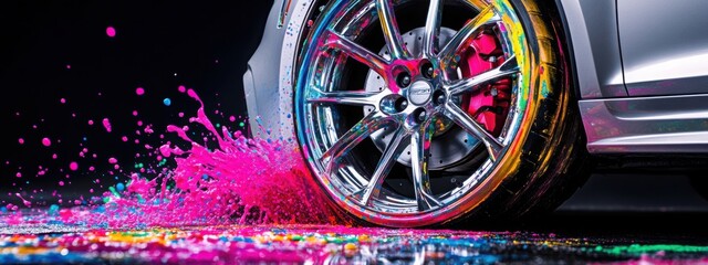A silver and rainbow-colored car wheel with colorful paint splashes on it