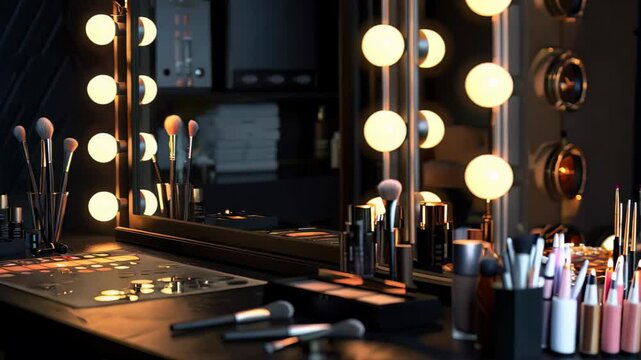 A modern makeup vanity illuminated by glowing bulbs showcases a vibrant selection of high-quality cosmetics and neatly arranged brushes, creating a luxurious and inviting atmosphere.