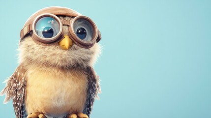 An adventurous owl cartoon wearing a pilot hat and goggles, isolated on a pastel blue background.