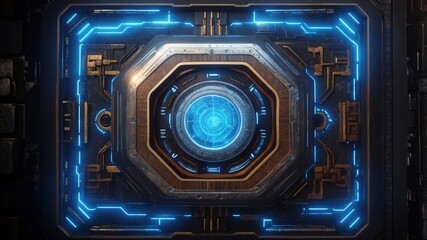 Glowing blue core with geometric neon accents