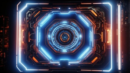 Glowing blue core with neon geometric patterns