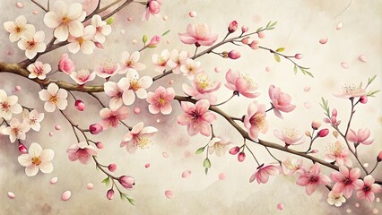 Whimsical hand-drawn illustration of blooming cherry blossom branches with delicate petals and soft pink hues, set against a creamy white background with subtle texture.