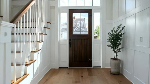 A bright entryway features a modern wooden staircase and shiplap paneling. Natural light floods in through large windows, highlighting elegant hardwood flooring and minimalist decor.