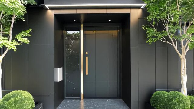 A sleek black door framed by contemporary landscaping features a luxurious gold handle and ambient lighting. Neatly trimmed trees and a polished stone path enhance the elegant facade.