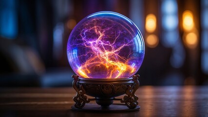 Glowing plasma ball on wooden surface with colorful lights
