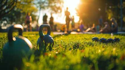 Kettlebells on Grass During Outdoor Fitness Bootcamp in the Sunlight