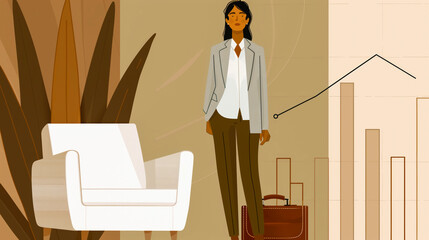 A woman in a business suit stands in front of a wall of graphs