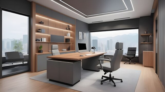 A high tech advanced and luxurious cabin of a director of a company. in which there is a modern wooden table and a gray lather moving chair and a small cupboard. 