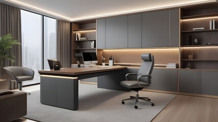 A high tech advanced and luxurious cabin of a director of a company. in which there is a modern wooden table and a gray lather moving chair and a small cupboard. 