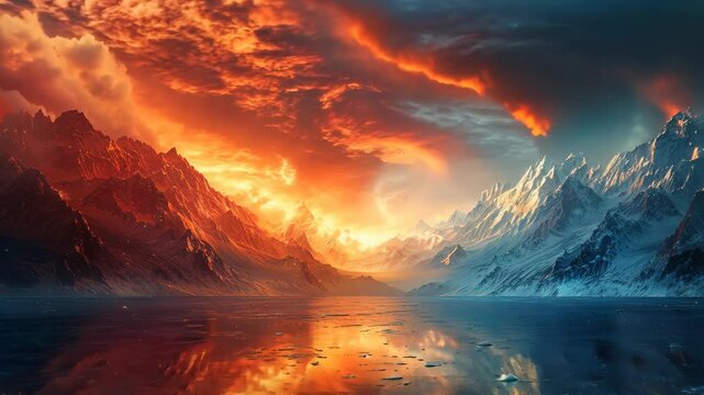 Majestic duality of nature unfolds in a stunning scene where vibrant fire meets serene ice. A reflective lake mirrors fiery sunset hues against towering snow-capped mountains.