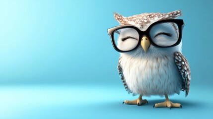 Fototapeta premium Playful owl cartoon character winking, wearing glasses, isolated on a pastel blue background.