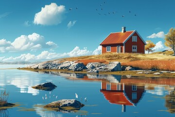 Fototapeta premium Scandinavian Landscape Illustration: Vintage House on the Shore of Clear Waters Amidst Lush Nature and a Bright Blue Sky