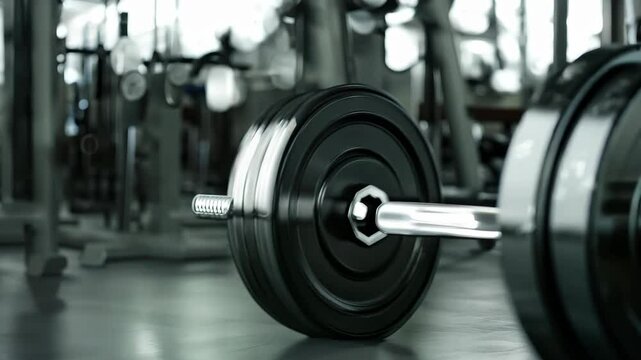 A close-up of a shiny black rubber-coated dumbbell on a textured gym floor, showcasing its metallic grip and weight plates, set in a blurred gym background for a motivational vibe.