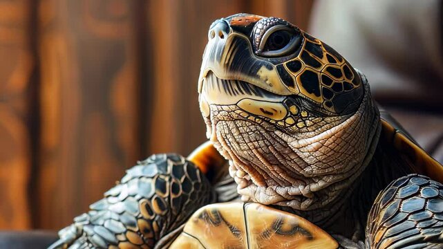 A stunning close-up of a majestic turtle against a blurred wooden backdrop, revealing intricate shell patterns and rich colors, ideal for nature enthusiasts and wildlife conservation themes.