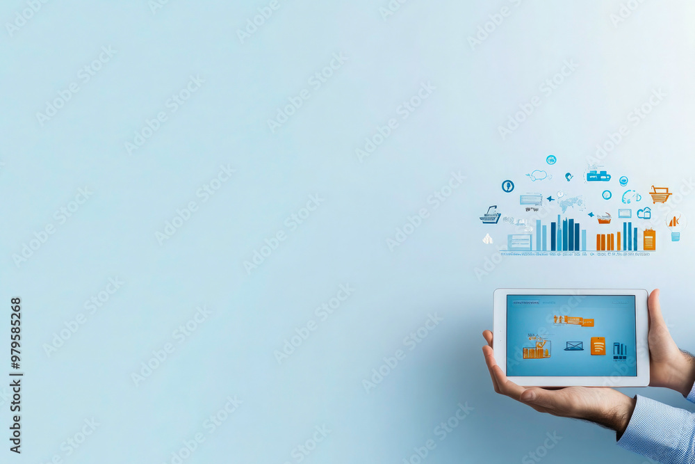 Poster a tablet is being held up in front of a blue background with a lot of different