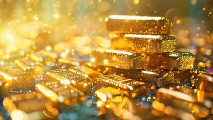 A close-up of gleaming gold bullion bars stacked on a shimmering surface radiates warmth and luxury. rich golden hue and soft bokeh evoke themes of wealth and prosperity.