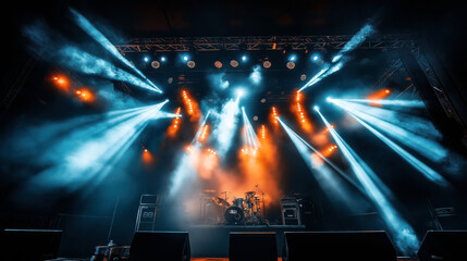 Obraz premium Concert stage with dramatic lighting effects, smoke, and music equipment including drums, amplifiers, and speakers, giving a vibrant and energetic atmosphere.