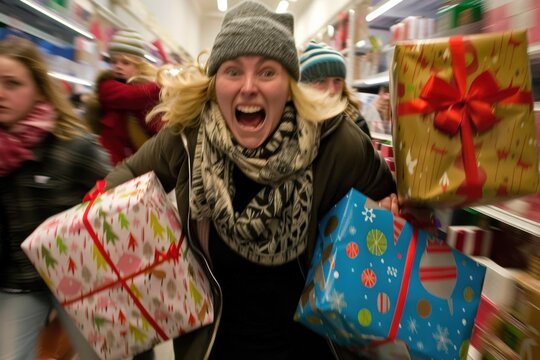 Christmas shopping frenzy, people racing for gifts, chaotic consumerism scene, holiday stress..