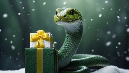 Fototapeta premium Green snake coiled in snowy landscape with raised head