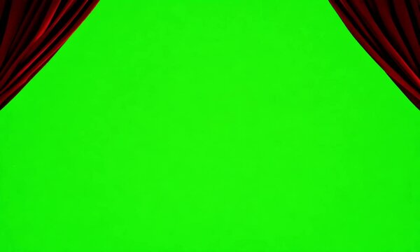 Red velvet curtain pulled back to expose a vibrant green screen background.