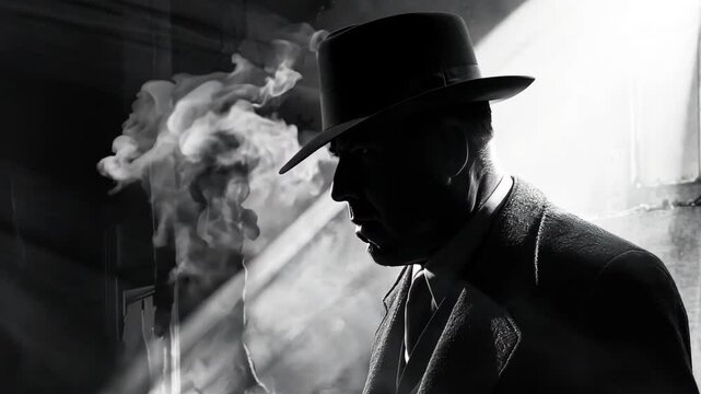 A striking black-and-white image of a mysterious figure in a fedora and tailored coat, surrounded by soft light and curling smoke, evokes classic film noir intrigue.