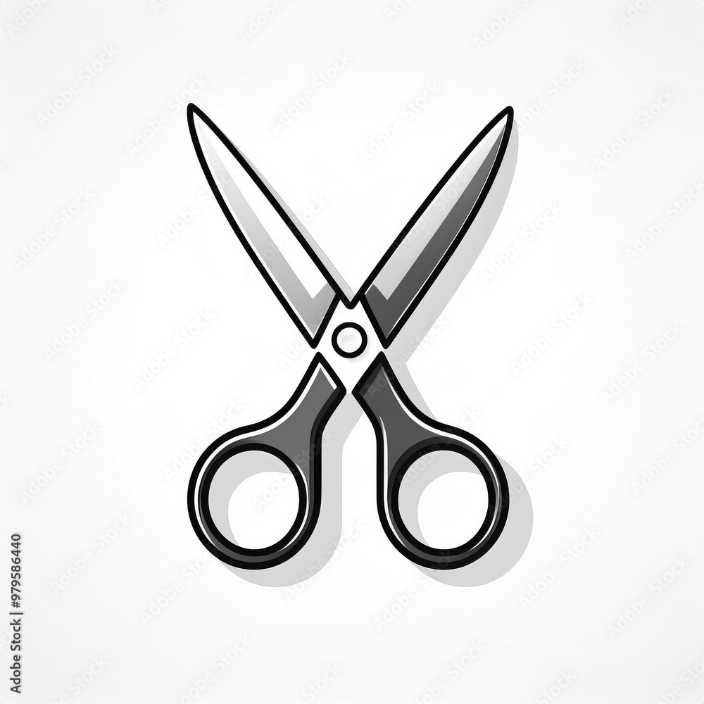 Poster Minimalist Vector Illustration of Open Scissors with Black Handles, Sharp Blades, and Subtle Shadowing on White Background. Perfect for Cutting, Craft and DIY Themes in Creative Projects Logo Icon Png