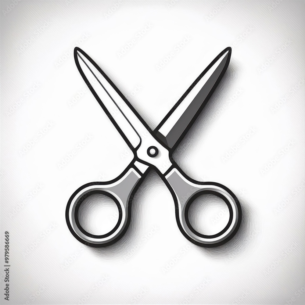 Poster Minimalist Vector Illustration of Open Scissors with Black Handles, Sharp Blades, and Subtle Shadowing on White Background. Perfect for Cutting, Craft and DIY Themes in Creative Projects Logo Icon Png