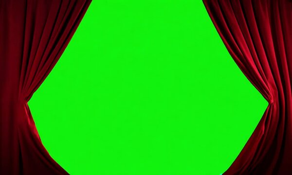 Red velvet curtain pulled back to expose a vibrant green screen background.
