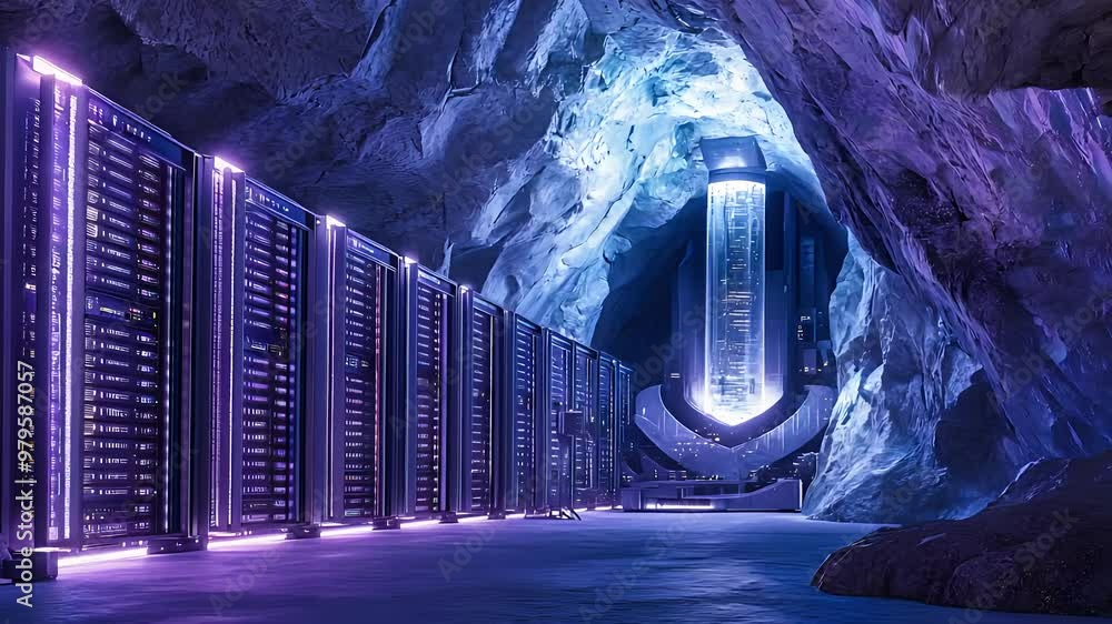 Poster futuristic underground data center built into a cave with neon lights and high-tech servers in a sci