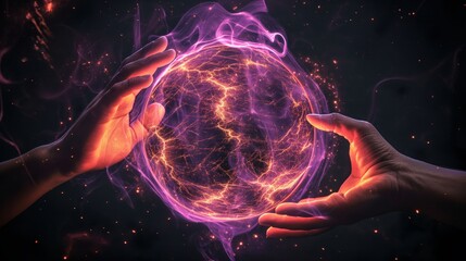 Two hands holding an energy sphere with purple and orange flame.