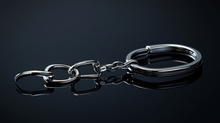 Obraz premium A shiny metal keychain chain, photographed against a black backdrop, showing a reflection.