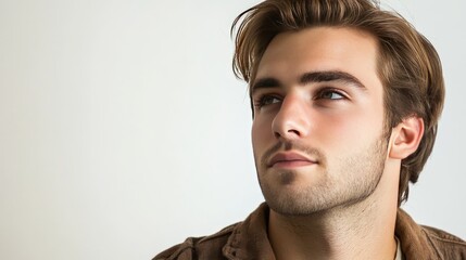 Fototapeta premium Young Caucasian man in a portrait on white, looking away.