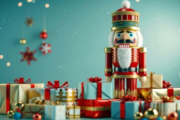 Merry 3D cartoon nutcracker soldier with a festive uniform, standing at attention beside a pile of presents, created by ai